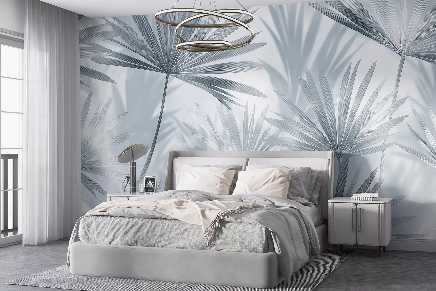 Fototapetes Palmu lapas, ziedu raksts, minimālisms, tropu, pelēkas krāsas w03152v1