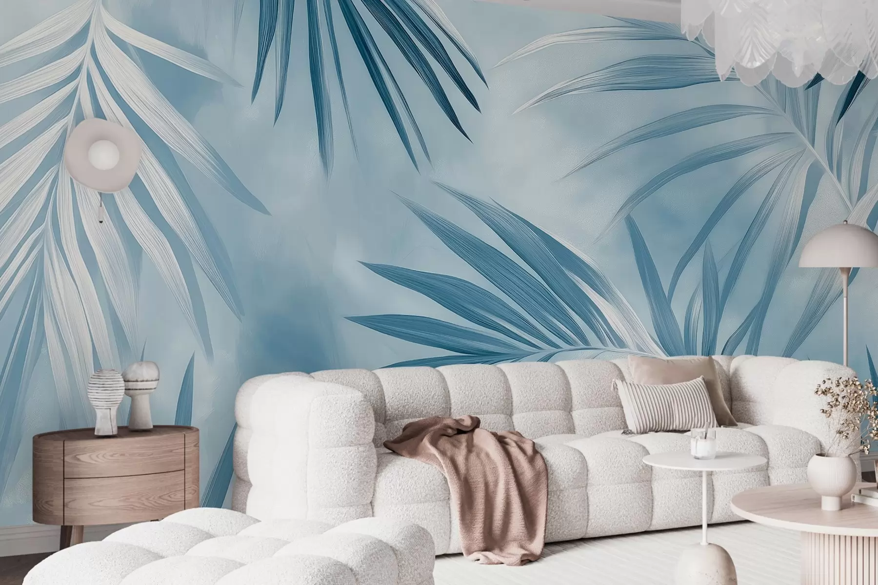 Fototapetes Tropu lapu abstrakcija, palma, zila krāsu palete  w03153