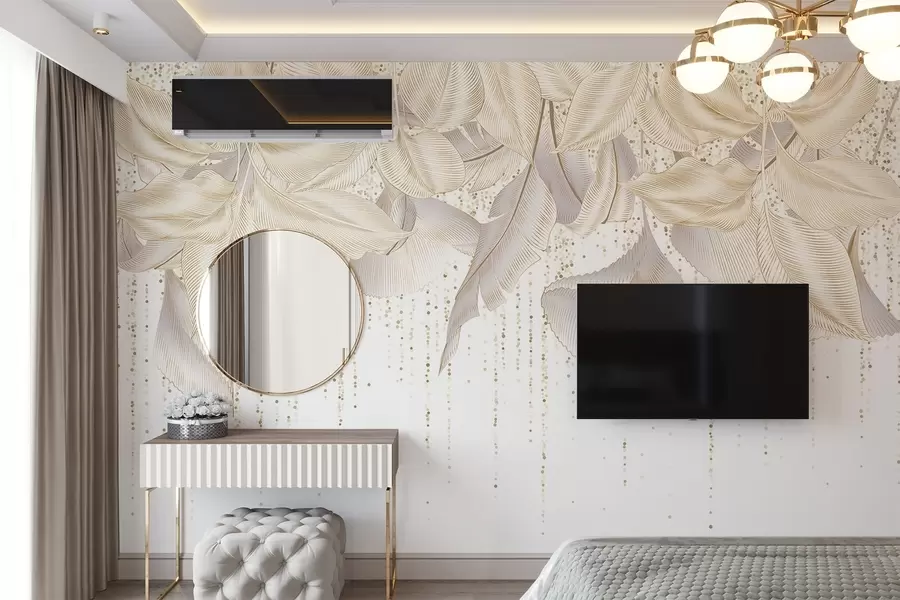 Fototapetes Baltas detalizētas tropu lapas un dzeltenu punktiņu tekstūra uz balta fona w08836