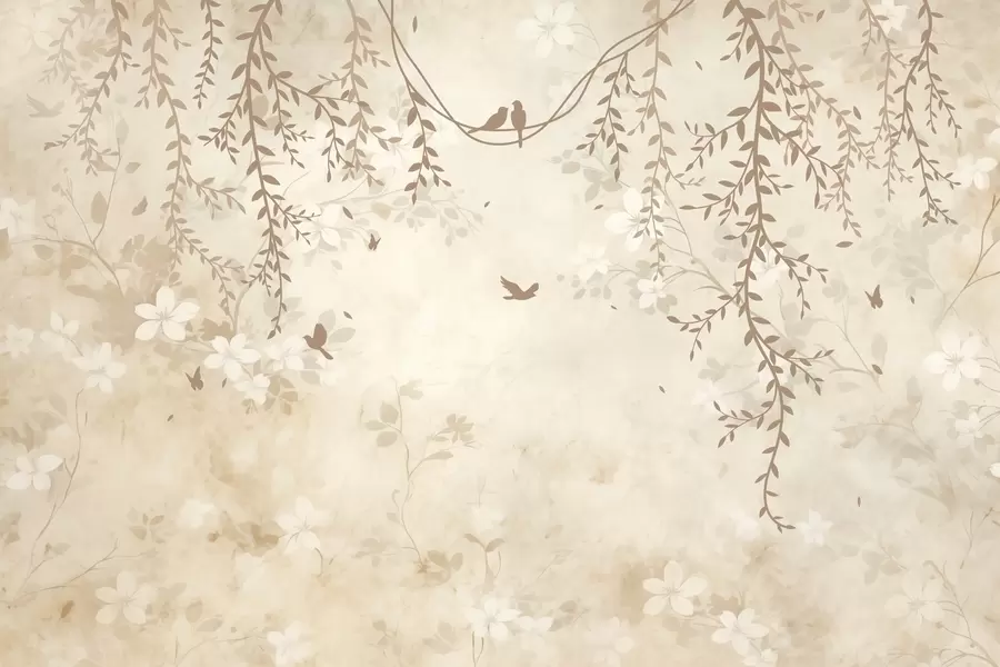 Fototapetes Putni ar piekārtiem augiem un ziedu rakstu gaišos smilškrāsas un krēma toņos w08809