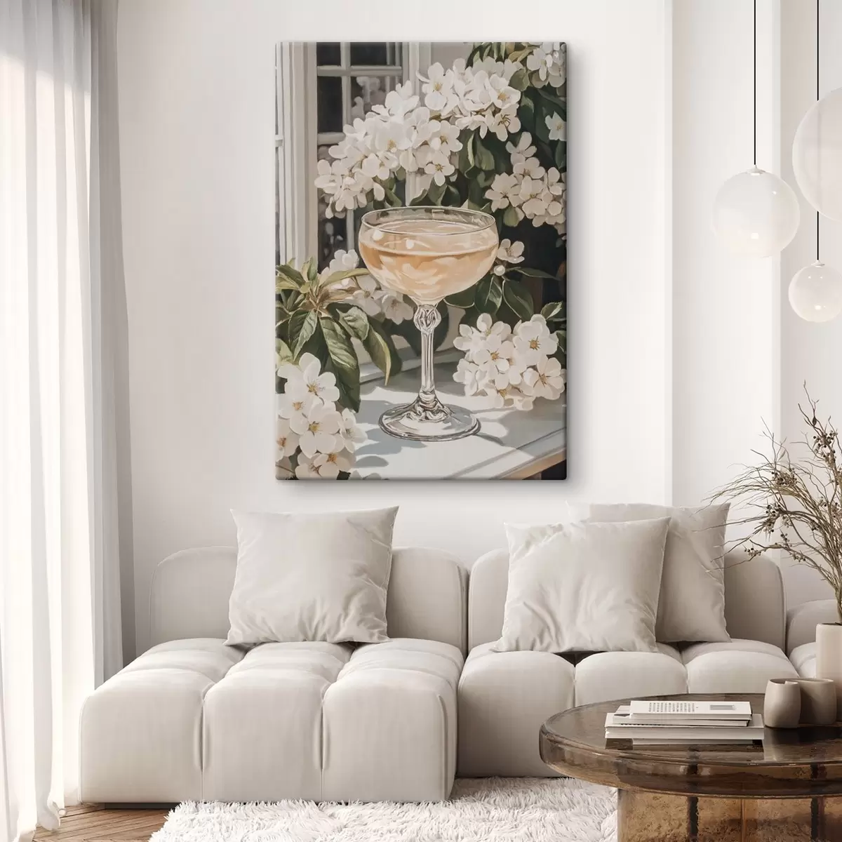 Glezna Glāze šampanieša, vintage, akvareļu stilā, balti ziedi s43051