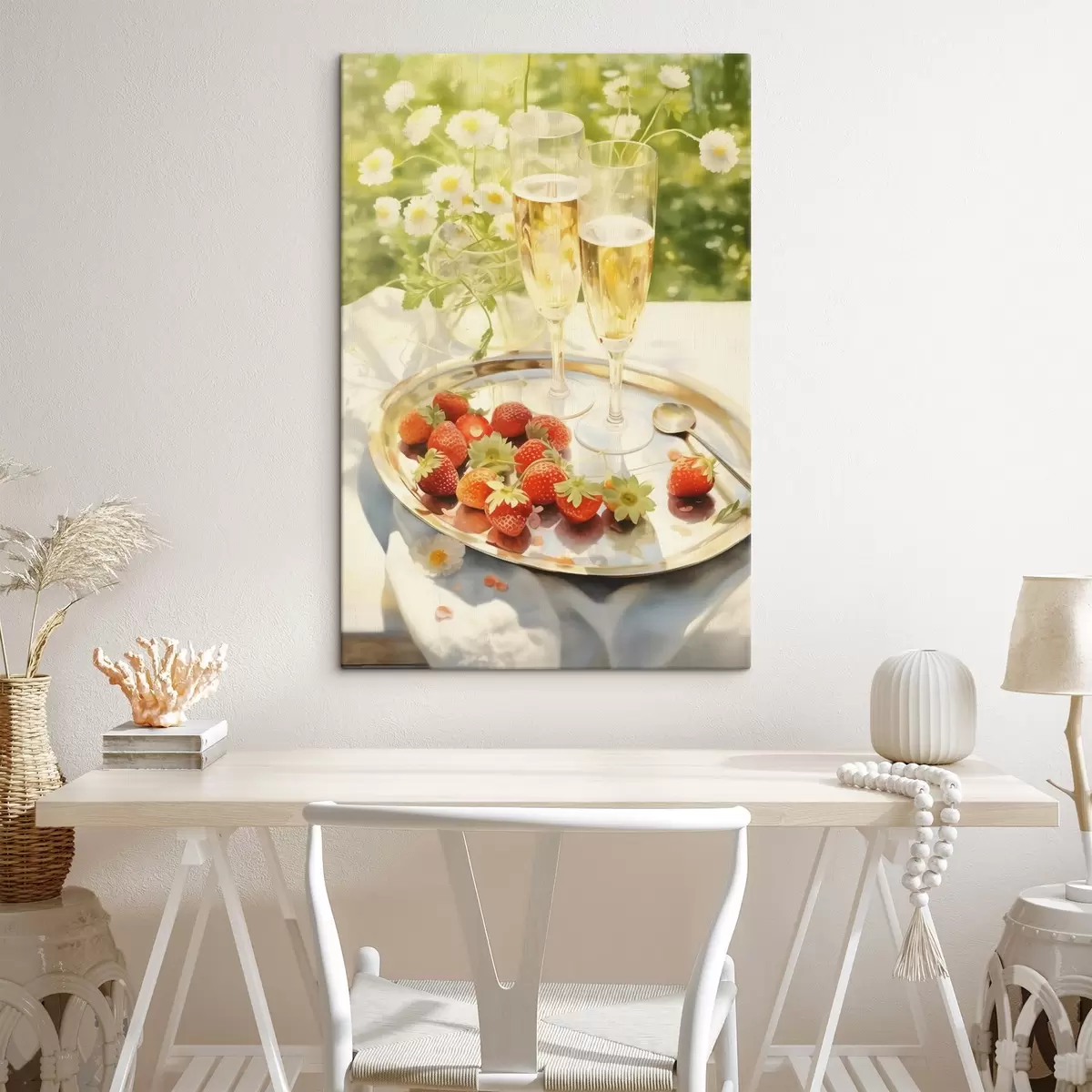 Glezna Šampanieša glāzes ar zemenēm uz paplātes, kumelīšu ziedi, vasara s43054