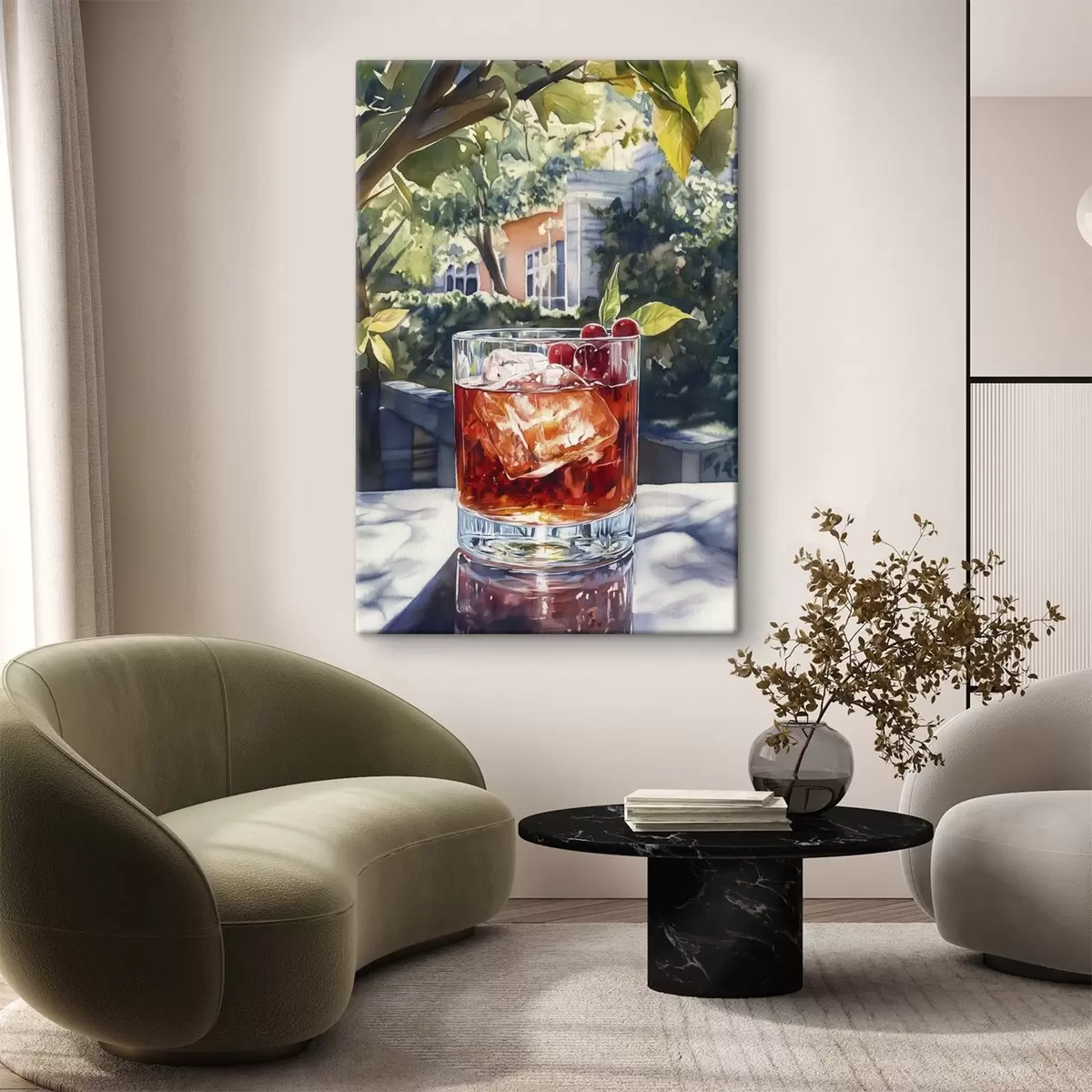 Glezna Kokteilis ar ogām, akvareļu stils, estētiska pilsēta, vasaras daba s43059