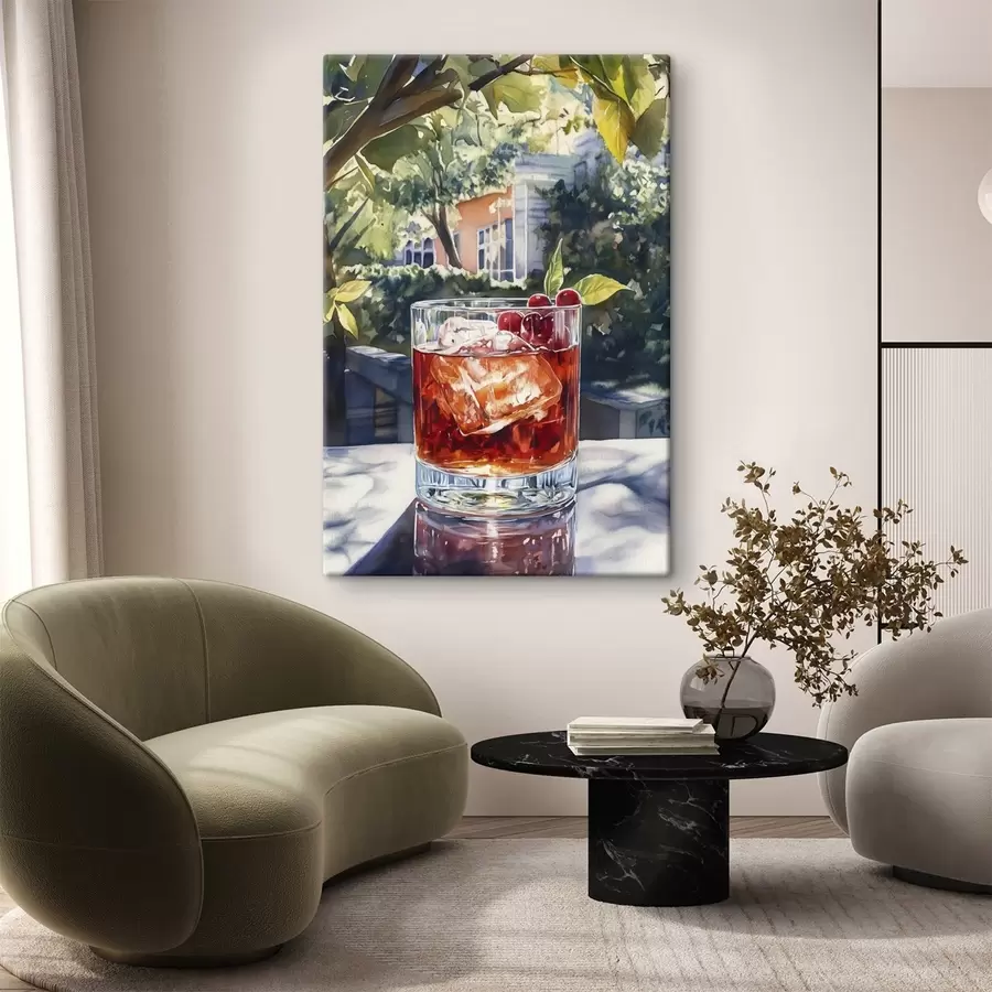 Glezna Kokteilis ar ogām, akvareļu stils, estētiska pilsēta, vasaras daba s43059