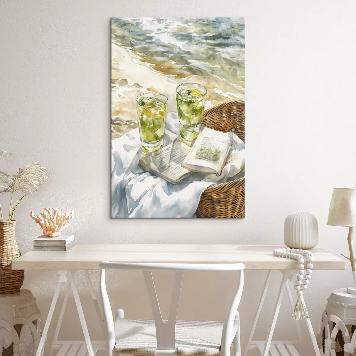 Glezna Pikniks pie jūras, vasaras kokteiļi, dzeja, akvareļu stilā s43068
