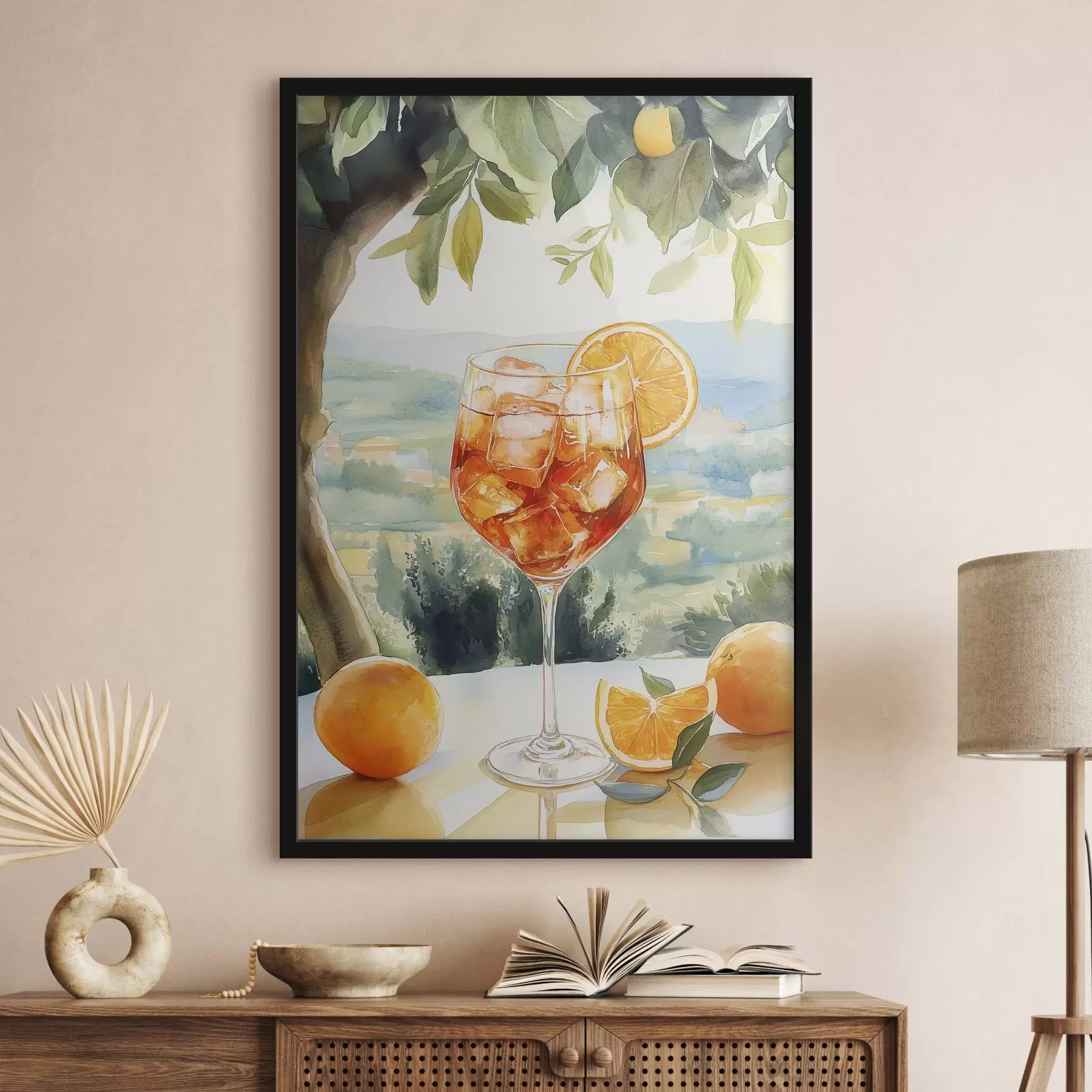 Glezna Vasaras kokteilis, Aperol Spritz, apelsīni, akvareļu stila zīmējums f43058