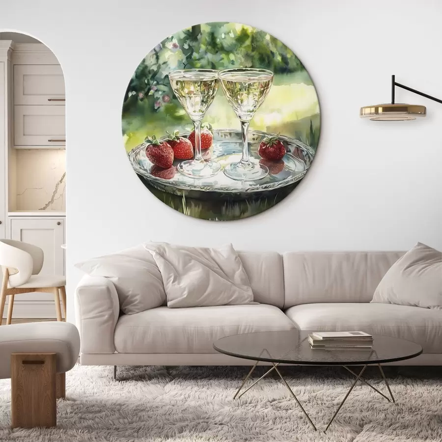 Glezna Vasaras pikniks ar šampanieti un zemenēm, akvareļa stila zīmējums r43055