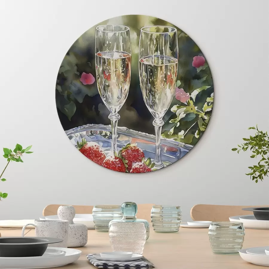 Glezna Svētku un dzirkstošās šampanieša glāzes ar zemenēm uz paplātes r43057