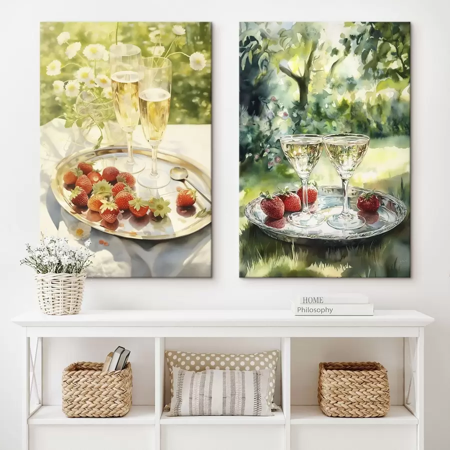 Glezna Vasaras pikniks, šampanieša glāzes ar zemenēm uz paplātes, kumelīšu ziedi m00414