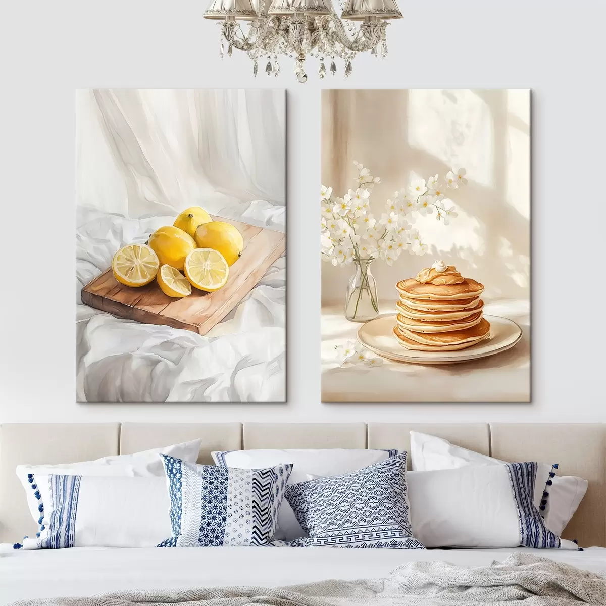 Glezna Pankūkas ar zemesriekstu sviestu, citroni uz koka tāfeles, akvareļu stilā m00416