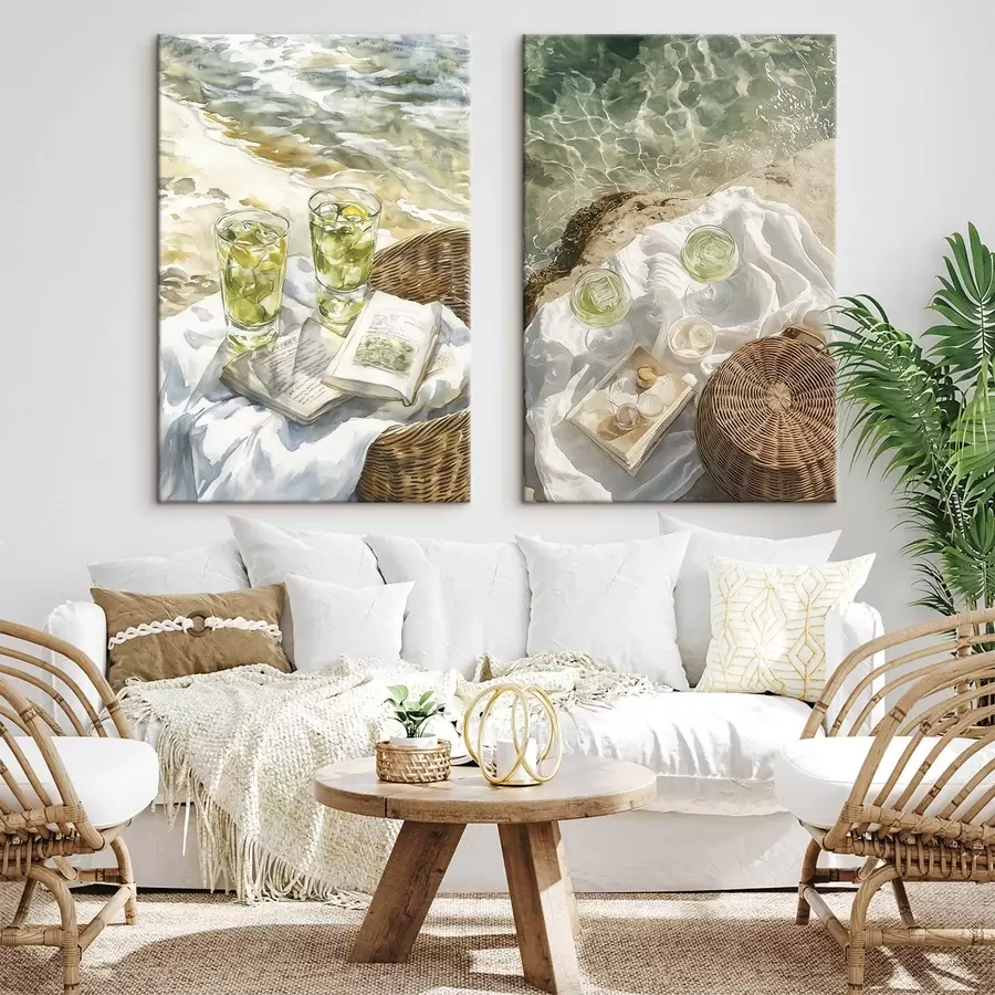 Glezna Kokteiļi pludmalē, akvareļa stila zīmējums, okeāns, vasaras pikniks m00417