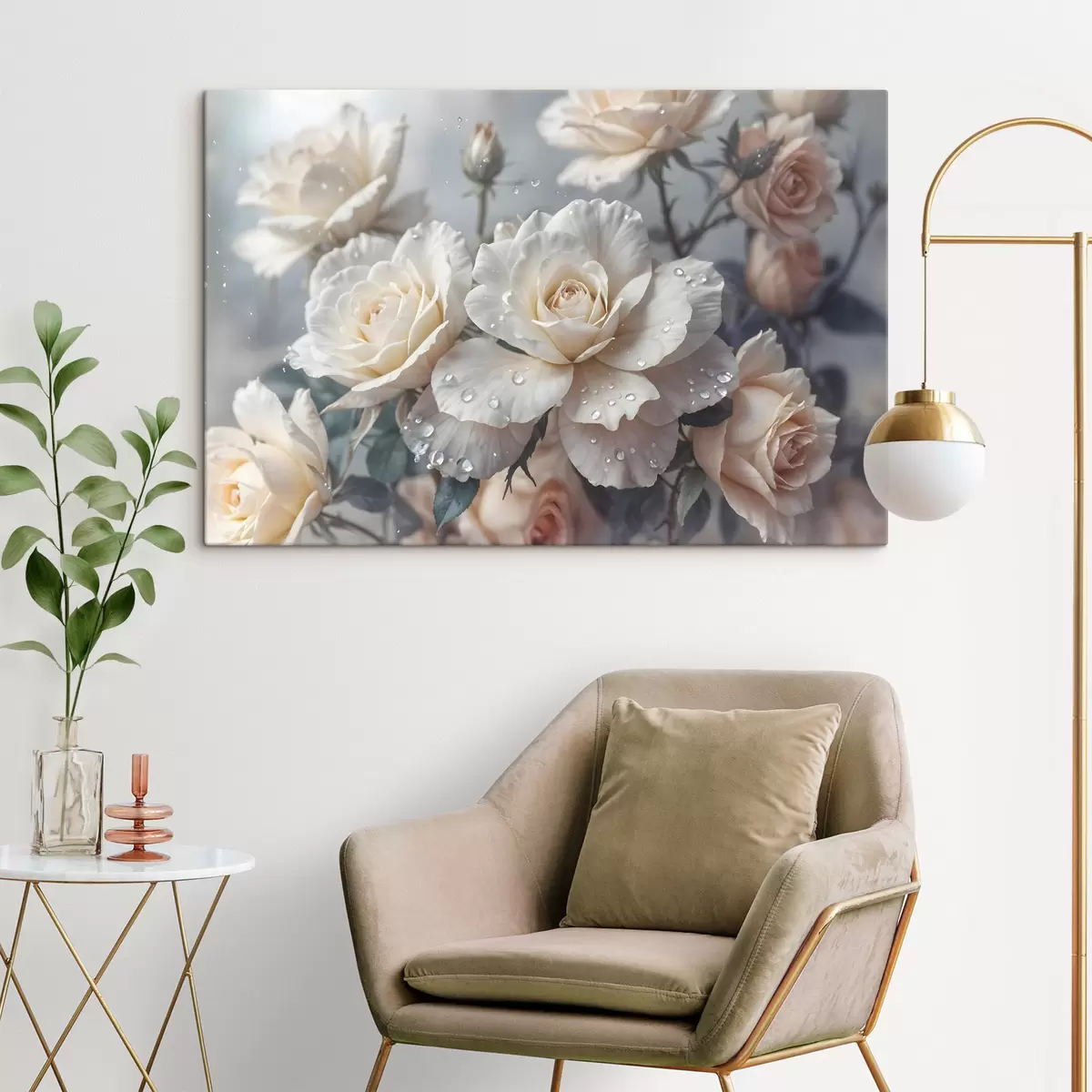 Glezna Baltu rožu grupa ar ūdens pilieniem uz ziedlapiņām, dažas zaļas lapas, pieklusināts fons, maiga gaisma s43163