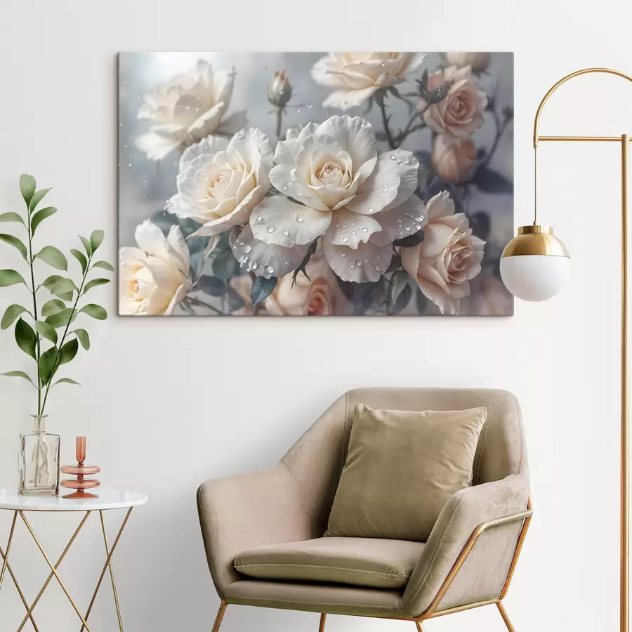 Glezna Baltu rožu grupa ar ūdens pilieniem uz ziedlapiņām, dažas zaļas lapas, pieklusināts fons, maiga gaisma s43163