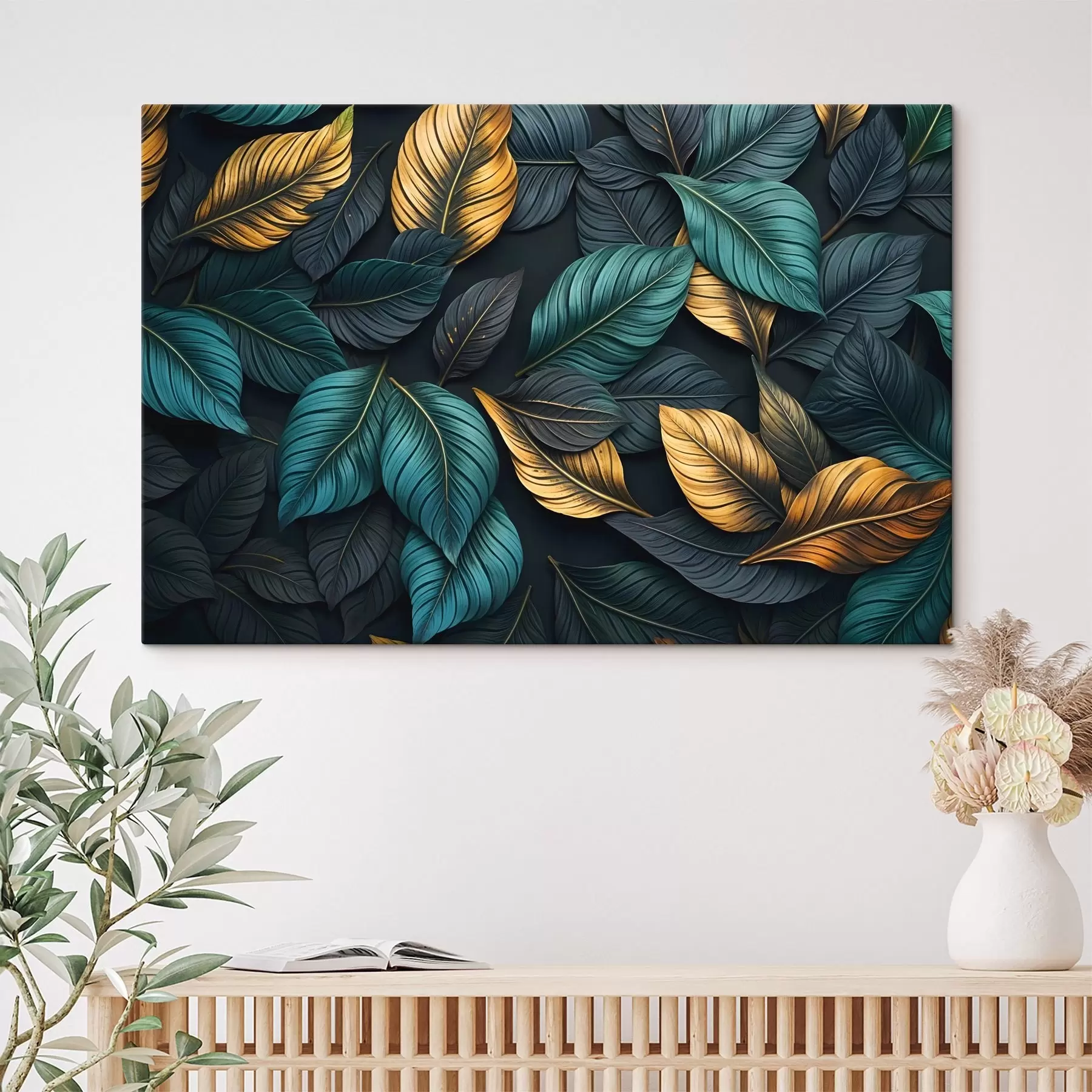 Fototapetes Tumši zaļas, dzeltenas un melnas lapas ar tumšām dzīslām, tumšā fonā, elegantā tropu noskaņā s43164