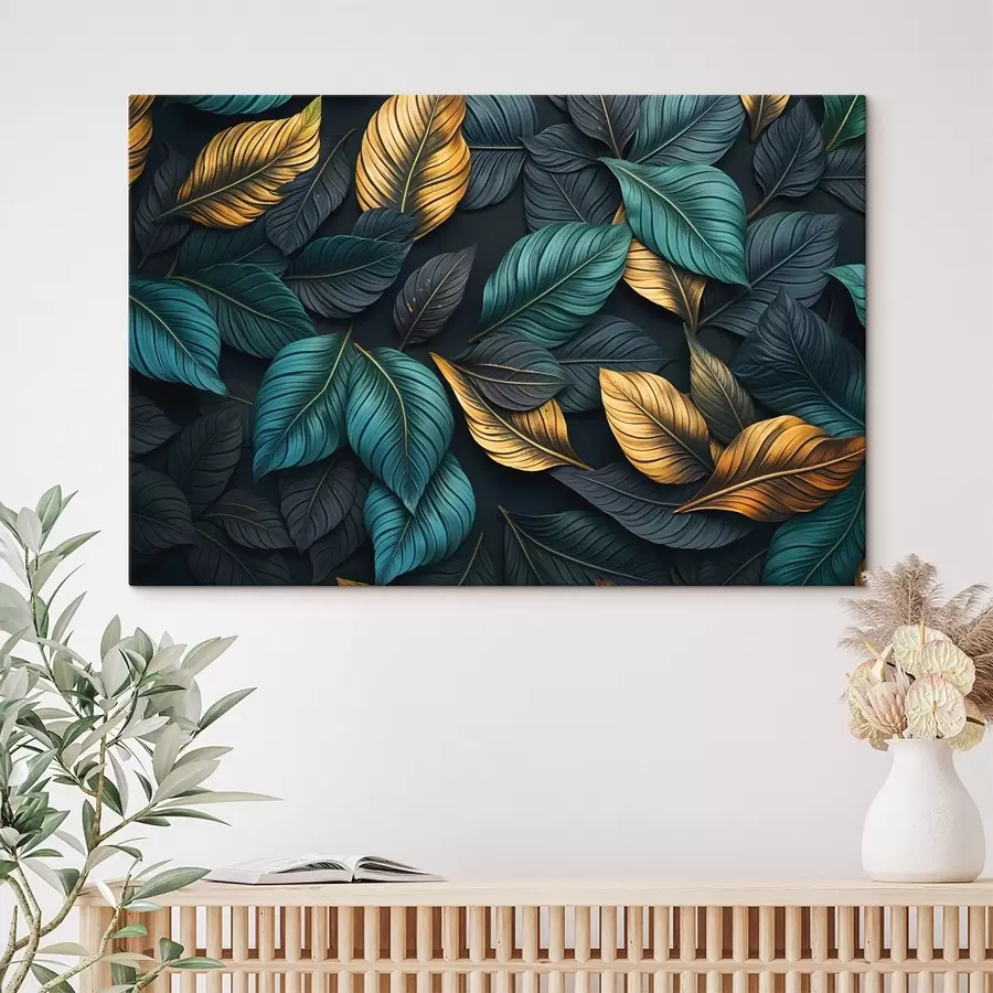 Glezna Tumši zaļas, dzeltenas un melnas lapas ar tumšām dzīslām, tumšā fonā, elegantā tropu noskaņā s43164