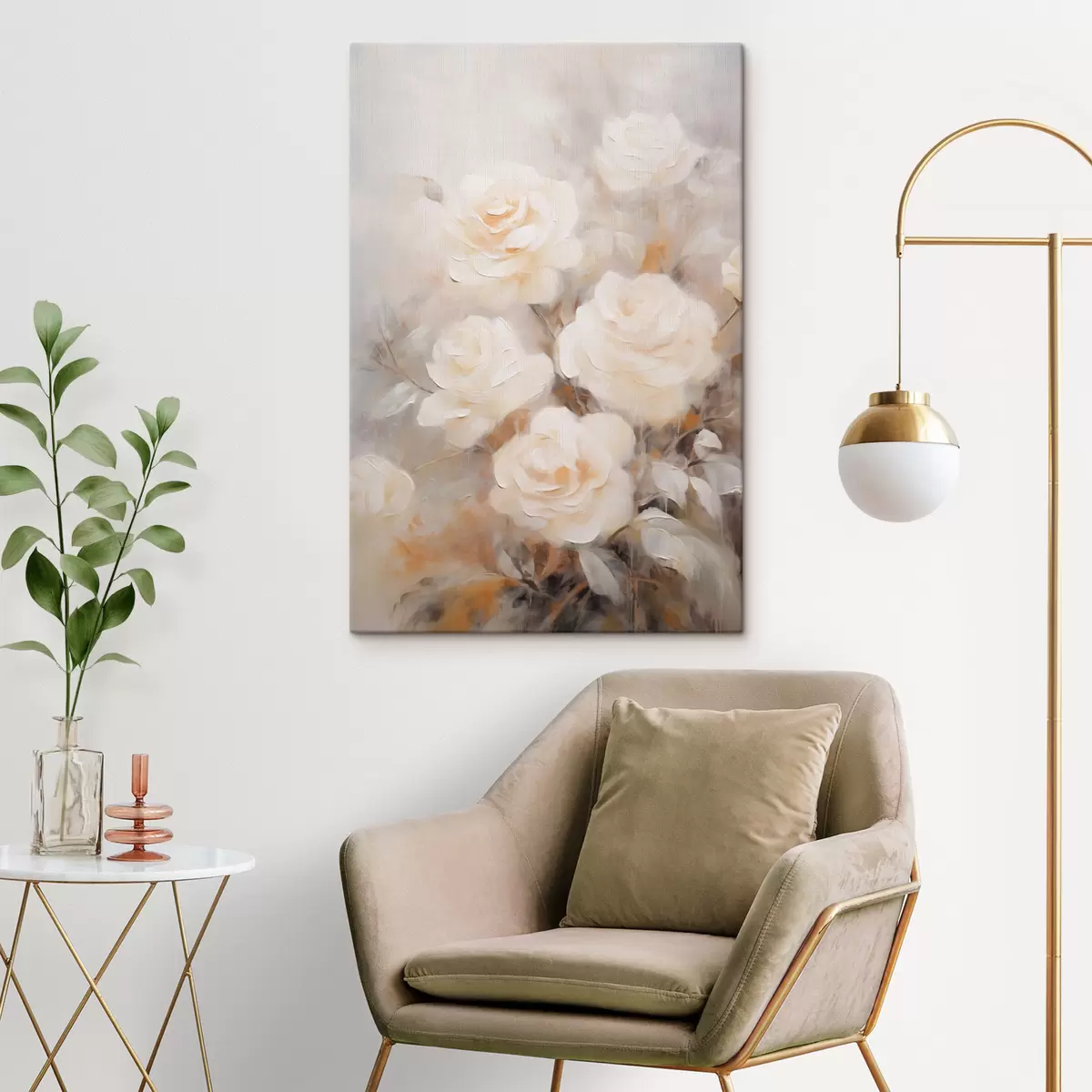 Glezna Baltas rozes ar maigiem ziedlapiņām, ar fonu, kas veidots no izslēgtām krāsām un izplūdušām formām, radot sapņainu efektu s43177