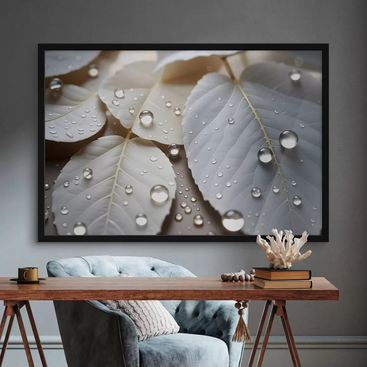 Plakāts Ūdens pilienu noklātas baltas lapas tuvplānā, minimālisma kompozīcija, neitrāls fons f43159