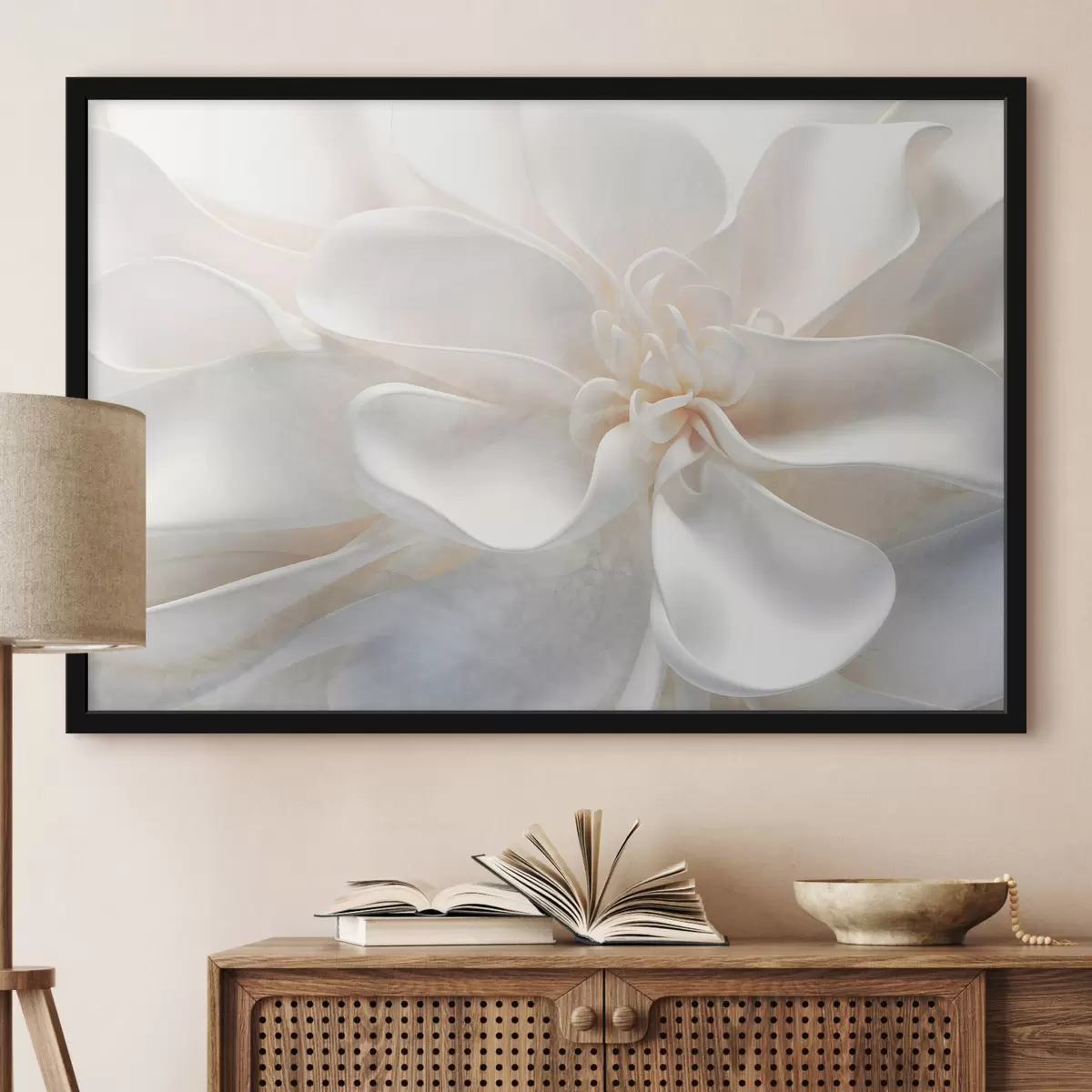 Plakāts Plaši aplūkojiet trokšņainu tekstūras baltu abstraktu ziedu ar smalkiem ziedlapiņām pasteļtoņos f43161