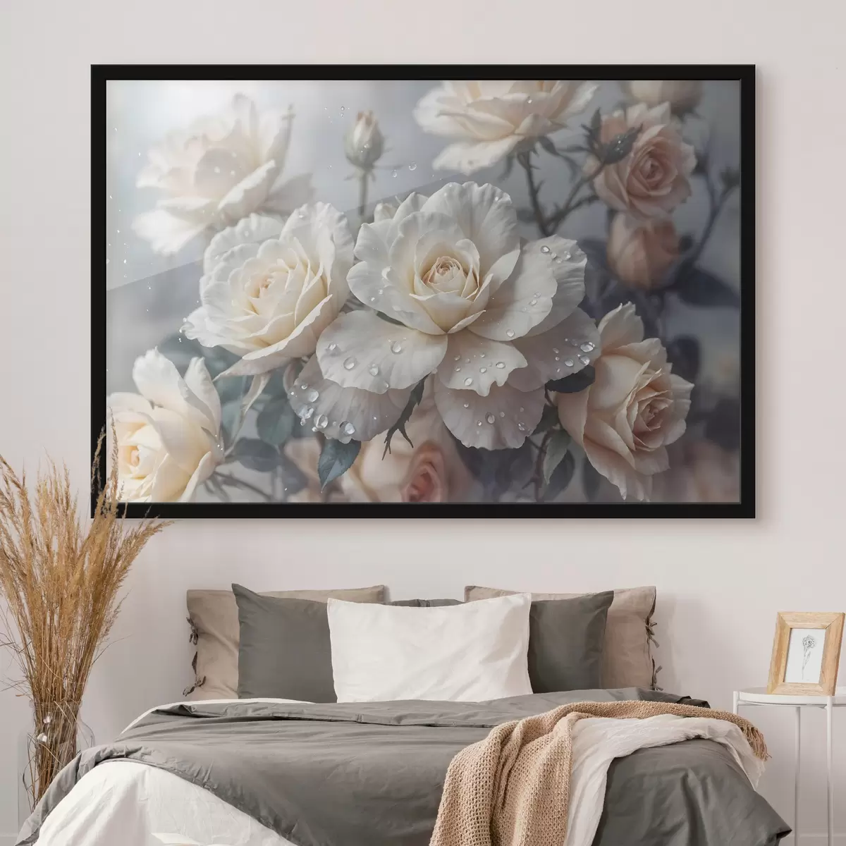 Plakāts Baltu rožu grupa ar ūdens pilieniem uz ziedlapiņām, dažas zaļas lapas, pieklusināts fons, maiga gaisma f43163