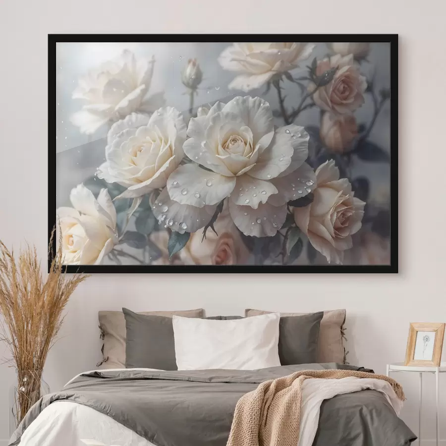 Fototapetes Baltu rožu grupa ar ūdens pilieniem uz ziedlapiņām, dažas zaļas lapas, pieklusināts fons, maiga gaisma f43163