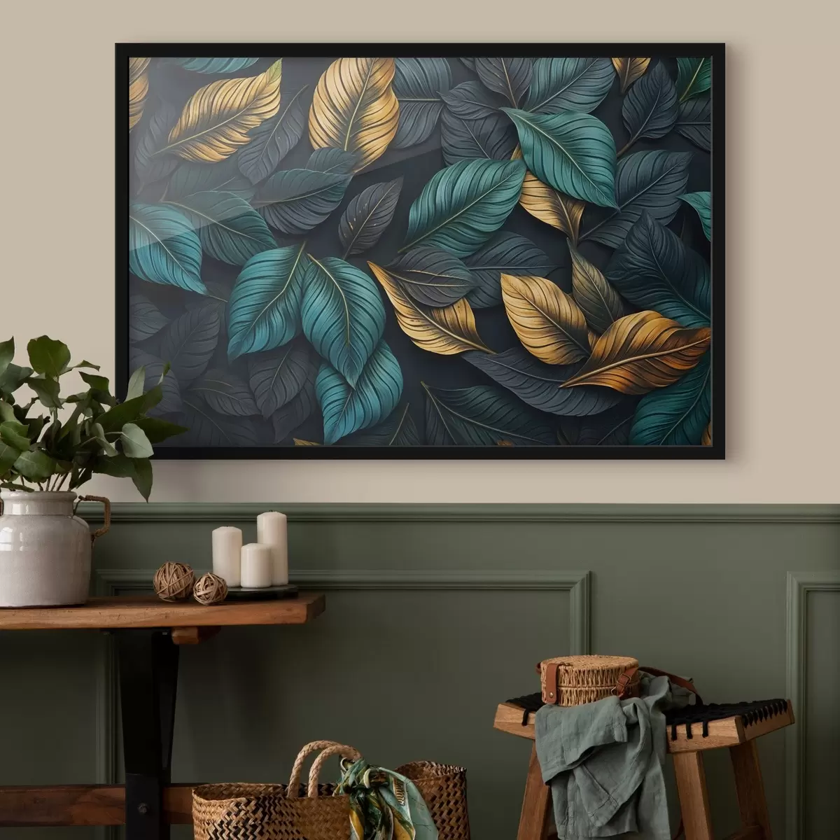 Plakāts Tumši zaļas, dzeltenas un melnas lapas ar tumšām dzīslām, tumšā fonā, elegantā tropu noskaņā f43164