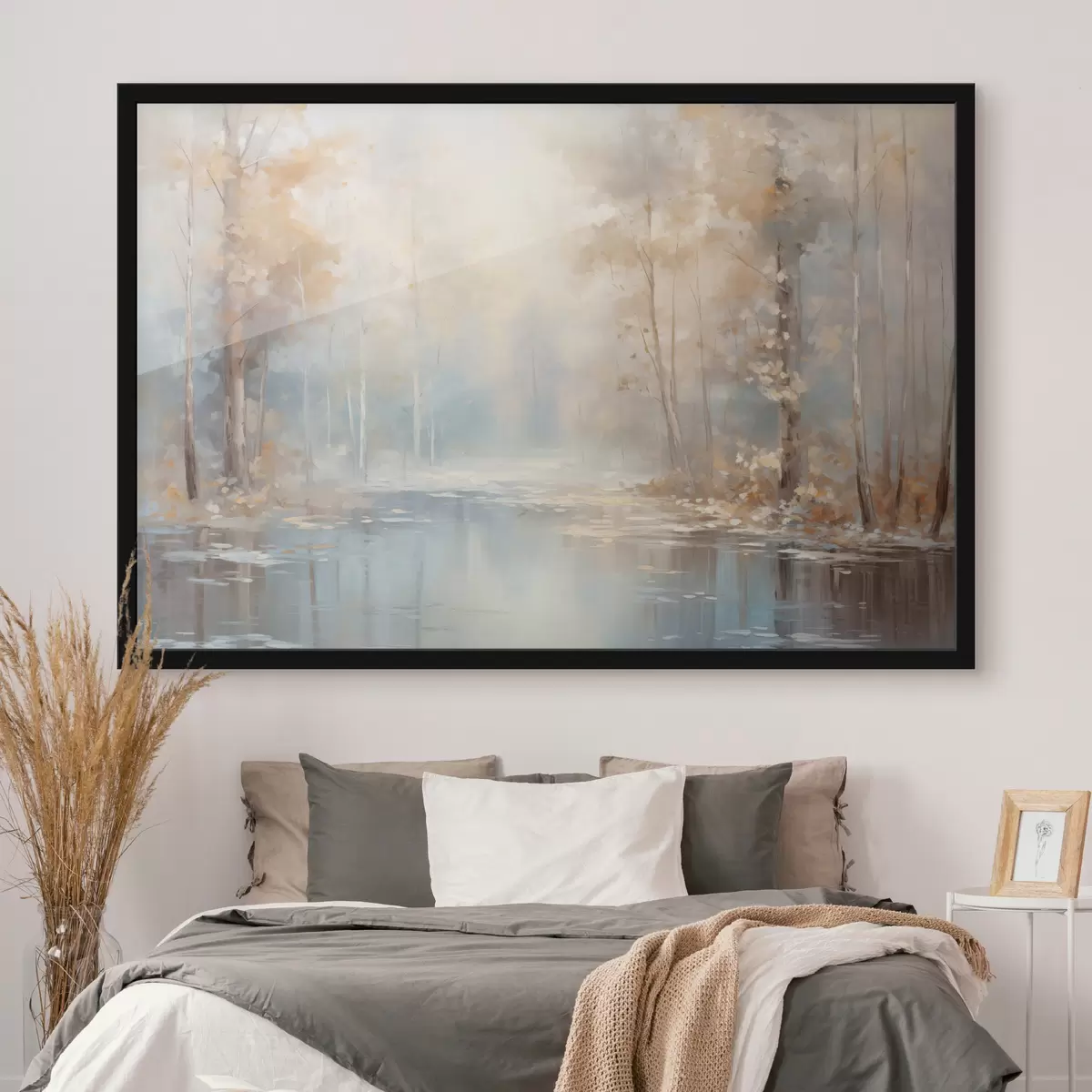Plakāts Ainava eļļas glezna imitācija mierīga upe, kas atspoguļo maigu gaismu, ko ieskauj rudens koki f43167