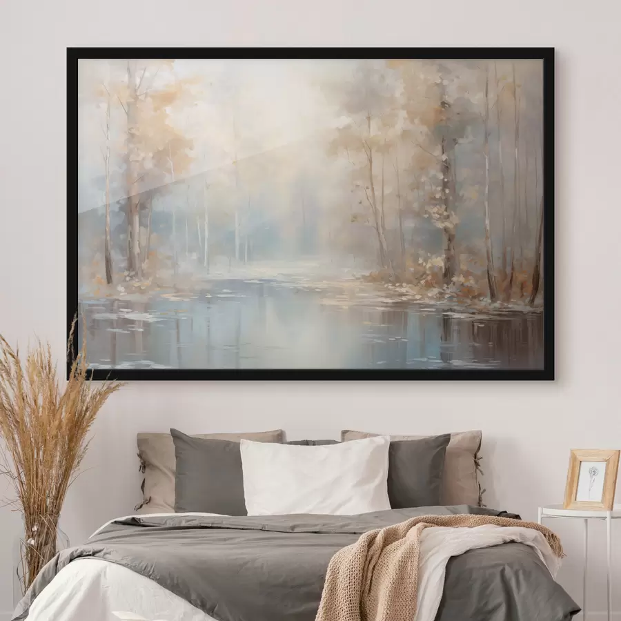 Fototapetes Ainava eļļas glezna imitācija mierīga upe, kas atspoguļo maigu gaismu, ko ieskauj rudens koki f43167