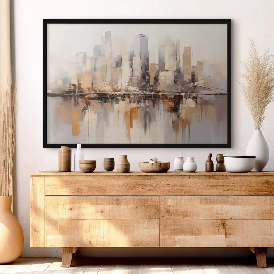 Fototapetes Abstrakta pilsētas ainavas glezna ar augstām ēkām brūnā, pelēkā un baltā krāsā, kas atspoguļojas ūdenī zem tām f43168