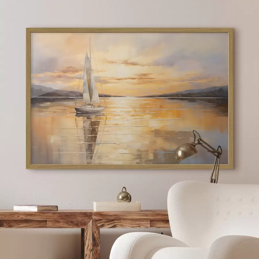 Fototapetes Ainavu gleznojums ar buru laivu mierīgā jūrā, oranži dzeltenas debesis, tāli kalni f43169