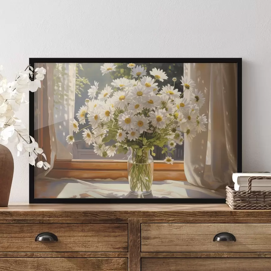 Fototapetes Eļļas glezna imitācija vāze ar baltām margrietiņām uz palodzes, saulaina diena, siltas krāsas palete f43171