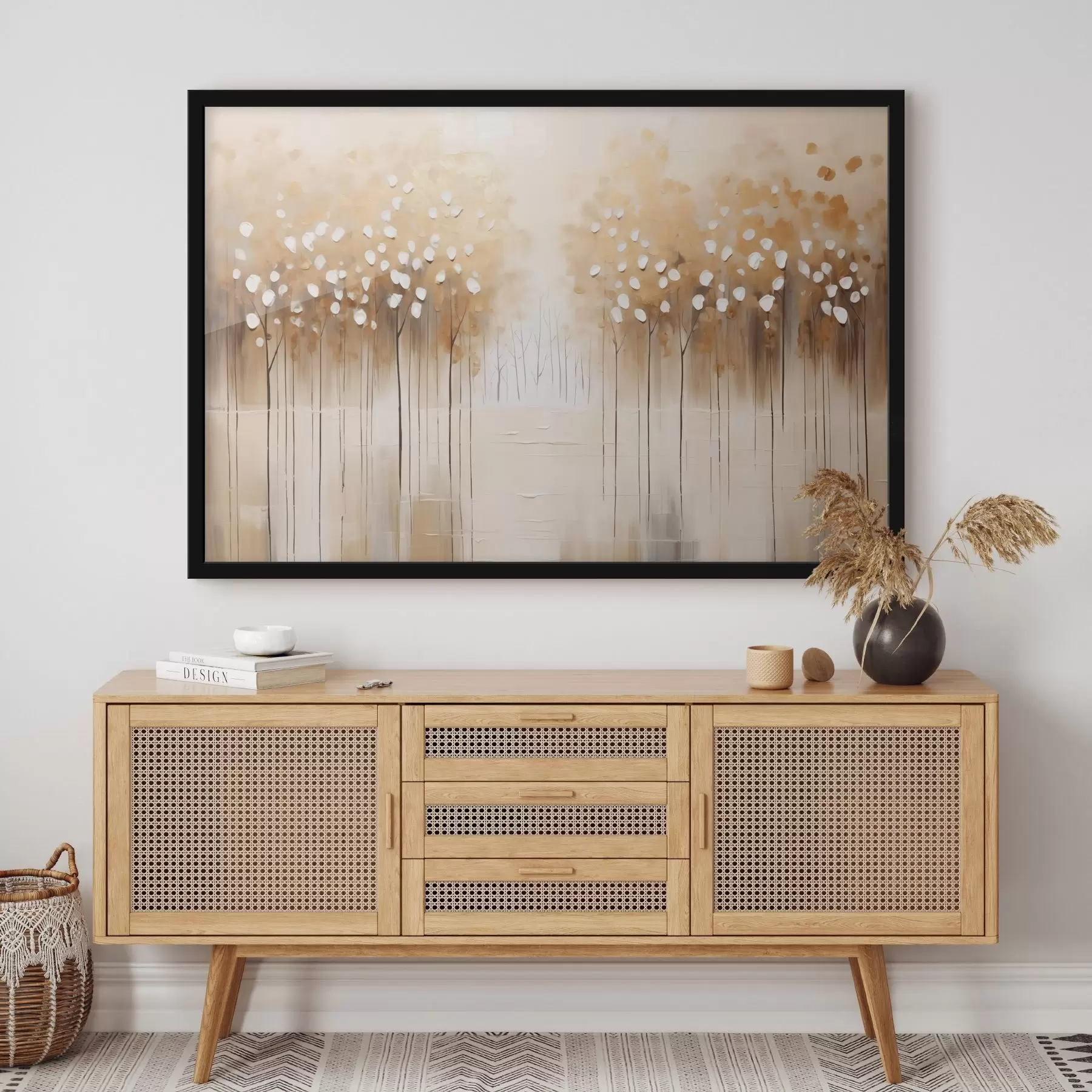 Fototapetes Eļļas glezna imitācija brūnu koku ar baltām lapām mežā ar upi vidū, balts fons f43172