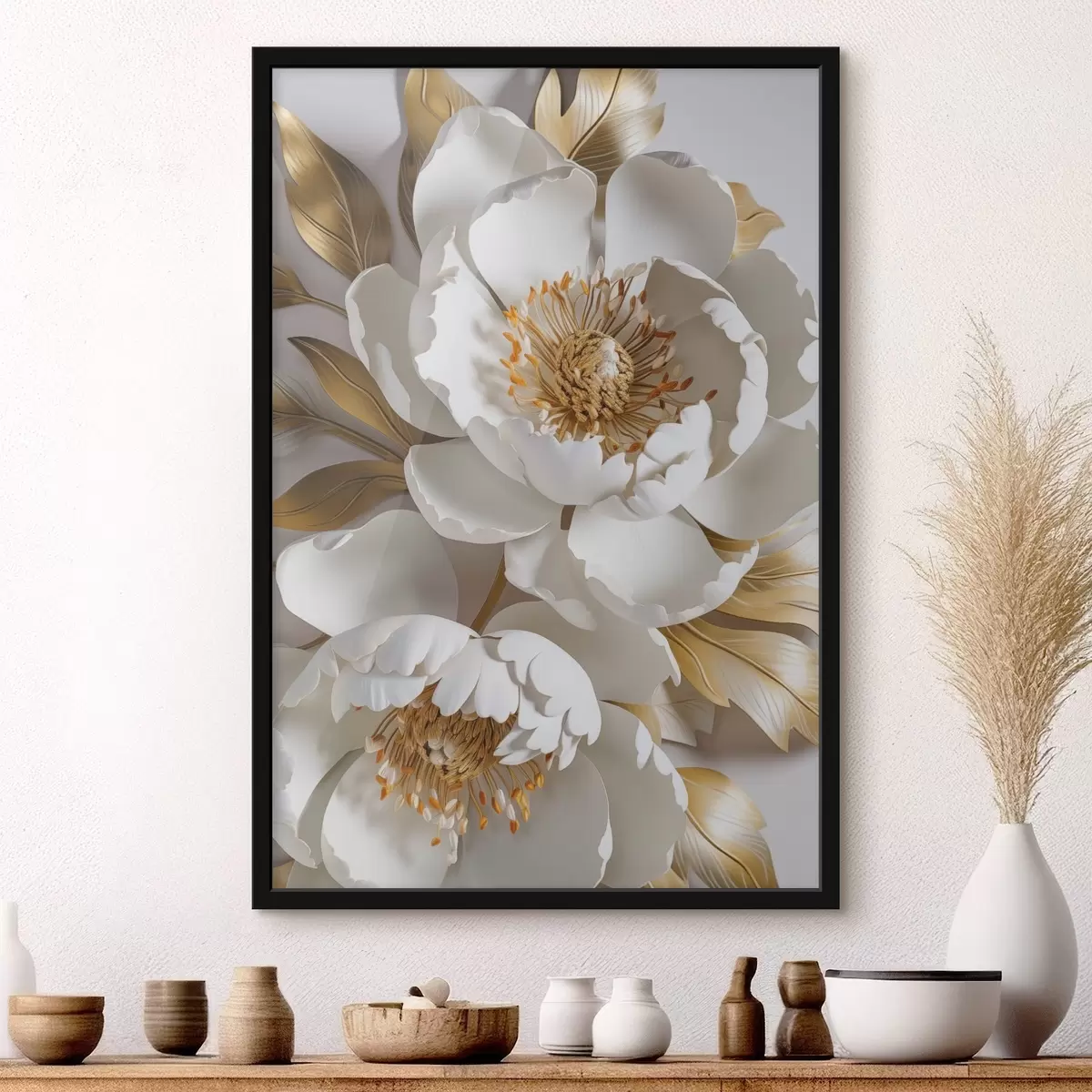 Plakāts Balti smalki detalizēti dekoratīvi peoniju ziedi ar dzeltenām lapām, fons ir gaiši pelēkā krāsā f43176