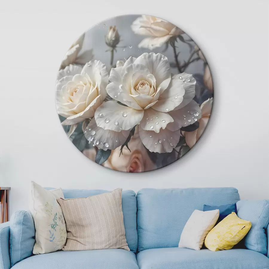 Glezna Baltu rožu grupa ar ūdens pilieniem uz ziedlapiņām, dažas zaļas lapas, pieklusināts fons, maiga gaisma r43163