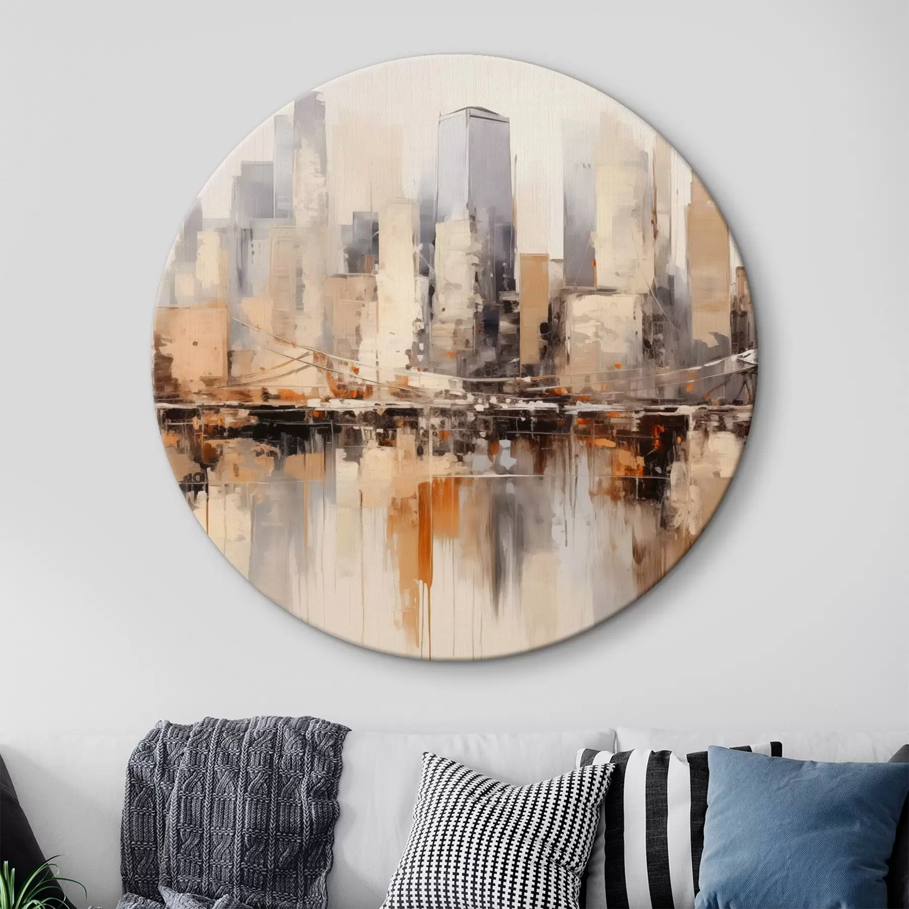 Glezna Abstrakta pilsētas ainavas glezna ar augstām ēkām brūnā, pelēkā un baltā krāsā, kas atspoguļojas ūdenī zem tām r43168