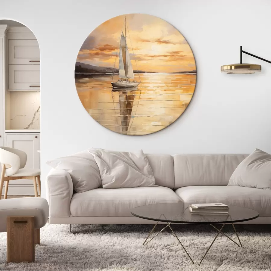 Fototapetes Ainavu gleznojums ar buru laivu mierīgā jūrā, oranži dzeltenas debesis, tāli kalni r43169