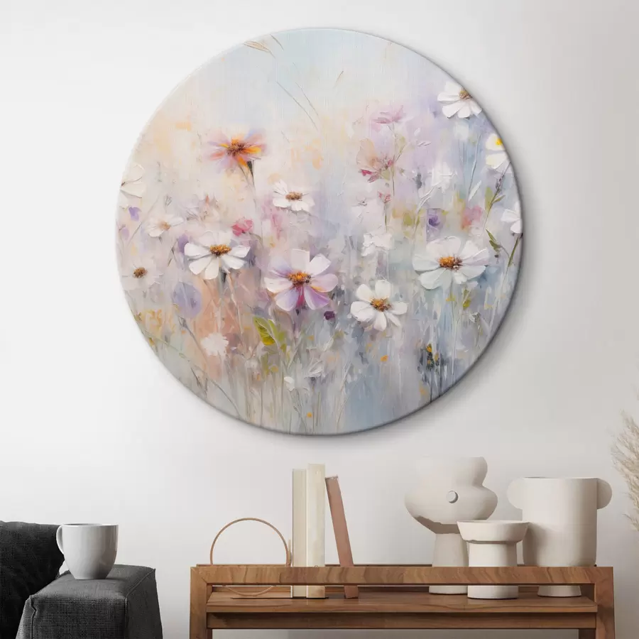 Glezna Abstrakts fakturēts lauks ar baltiem un rozā ziediem, maigas pasteļkrāsas, maigi triepieni ar otu, ziedu pļava r43170