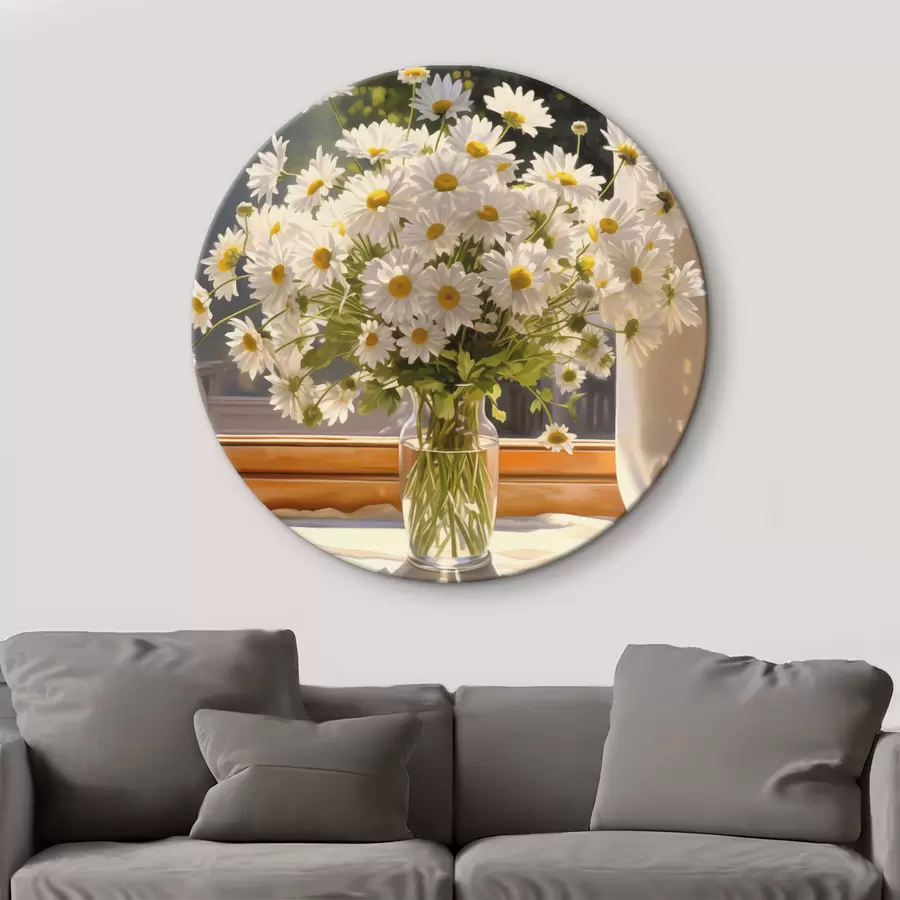 Fototapetes Eļļas glezna imitācija vāze ar baltām margrietiņām uz palodzes, saulaina diena, siltas krāsas palete r43171