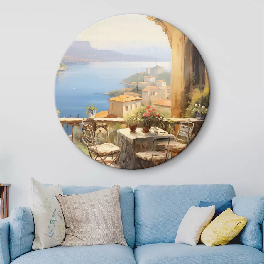 Glezna Eļļas glezna imitācija balkona ar ziediem, ar skatu uz jūru, mājas krastā, saulaina diena, zilas debesis r43173