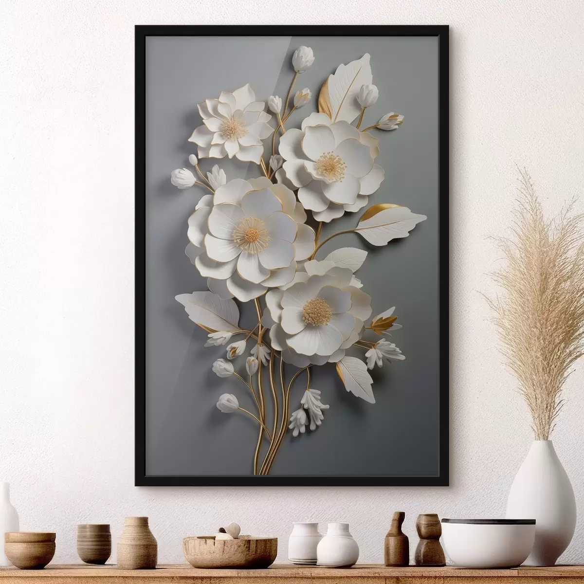 Plakāts Apjoma ziedi uz pelēka fona f43128