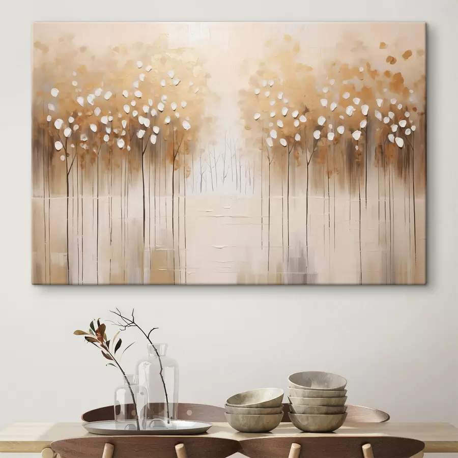Glezna Eļļas glezna imitācija brūnu koku ar baltām lapām mežā ar upi vidū, balts fons s43172