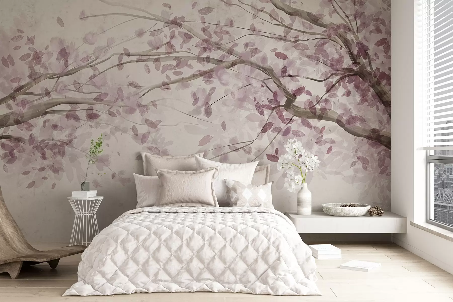 Fototapetes Ziedu zari ar rozā lapām, maigas krāsas, maigas detaļas, akvareļa stilā, uz gaiša fona w08867