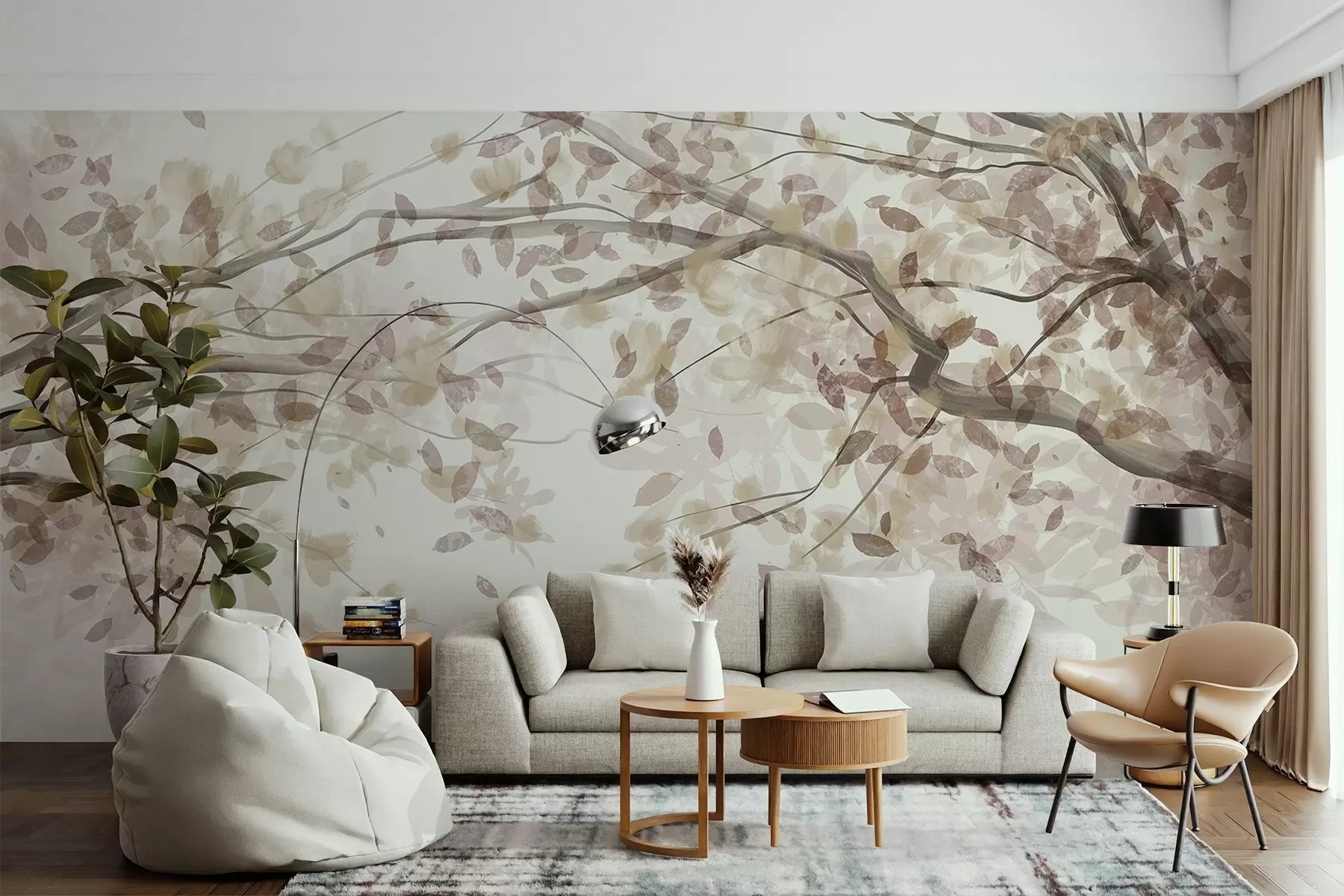 Fototapetes Ziedu zari ar smilškrāsas lapām, maigas krāsas, maigas detaļas, akvareļa stilā, uz gaiša fona w08867v1