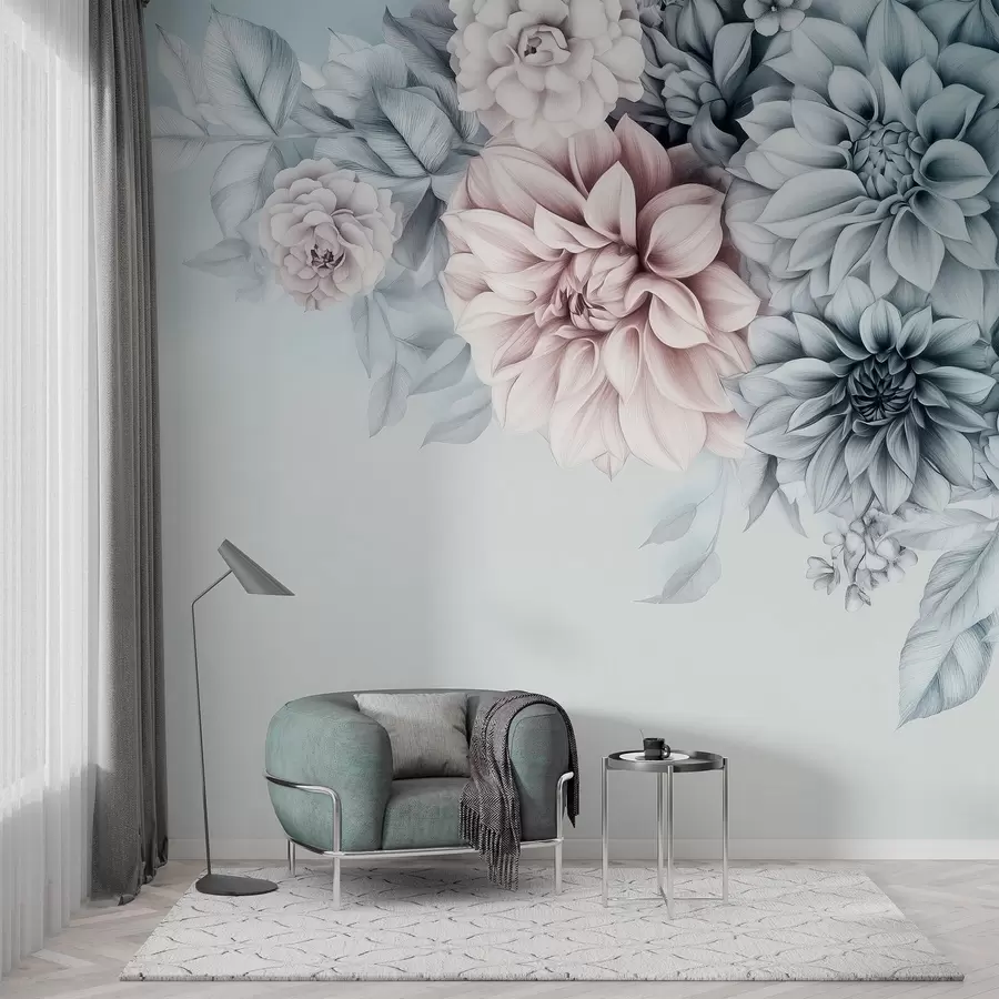 Fototapetes krizantēmu pušķis uz pelēki zila fona w03118