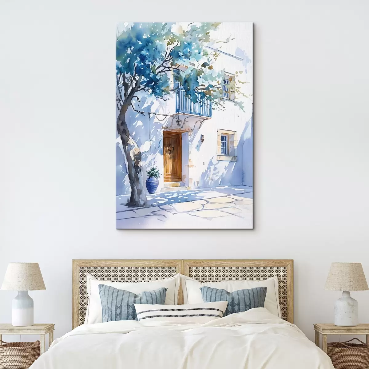 Glezna Akvareļu stils, grieķu māja, ziedošs koks, arhitektūra  s43182