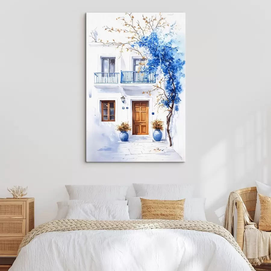 Glezna Ziedošs koks ar ziliem ziediem, balta māja, Grieķija, akvareļu stilā s43183