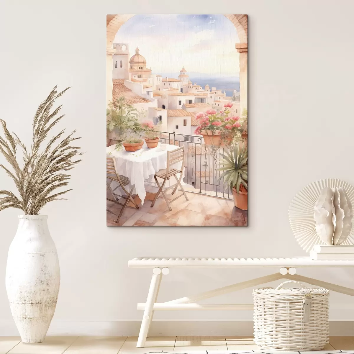 Glezna Saulriets uz balkona, Itālija, arhitektūra, ziedošas puķes, akvareļu stilā s43184