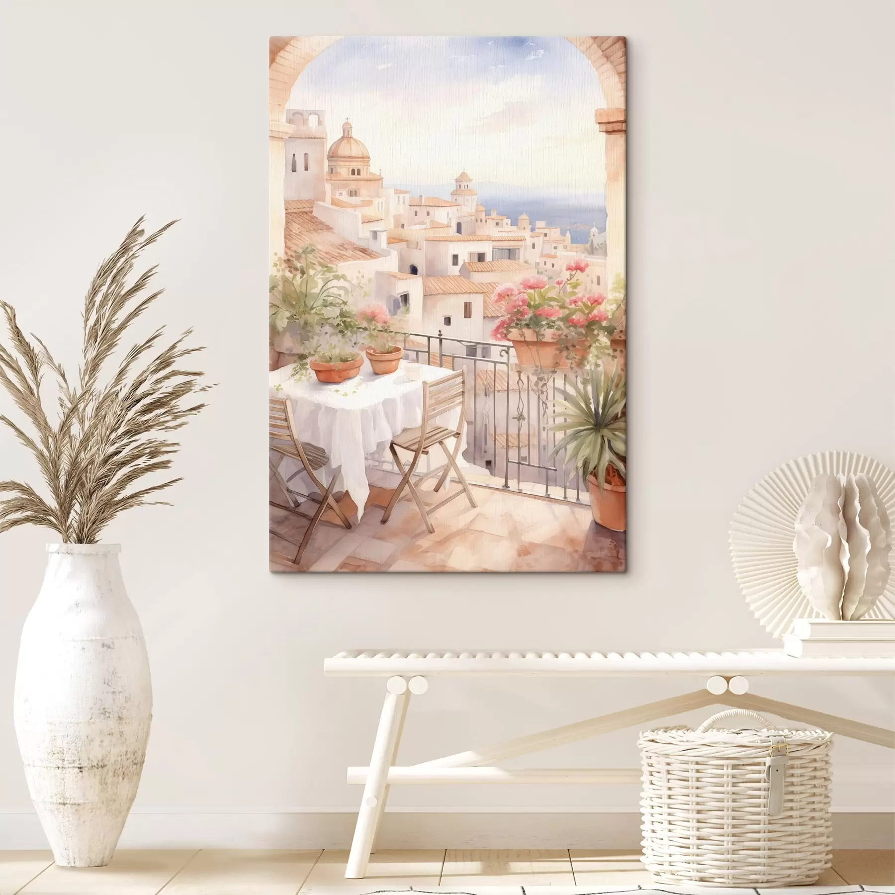 Fototapetes Saulriets uz balkona, Itālija, arhitektūra, ziedošas puķes, akvareļu stilā s43184