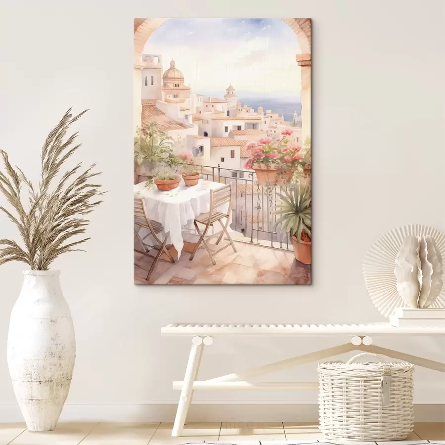 Glezna Saulriets uz balkona, Itālija, arhitektūra, ziedošas puķes, akvareļu stilā s43184