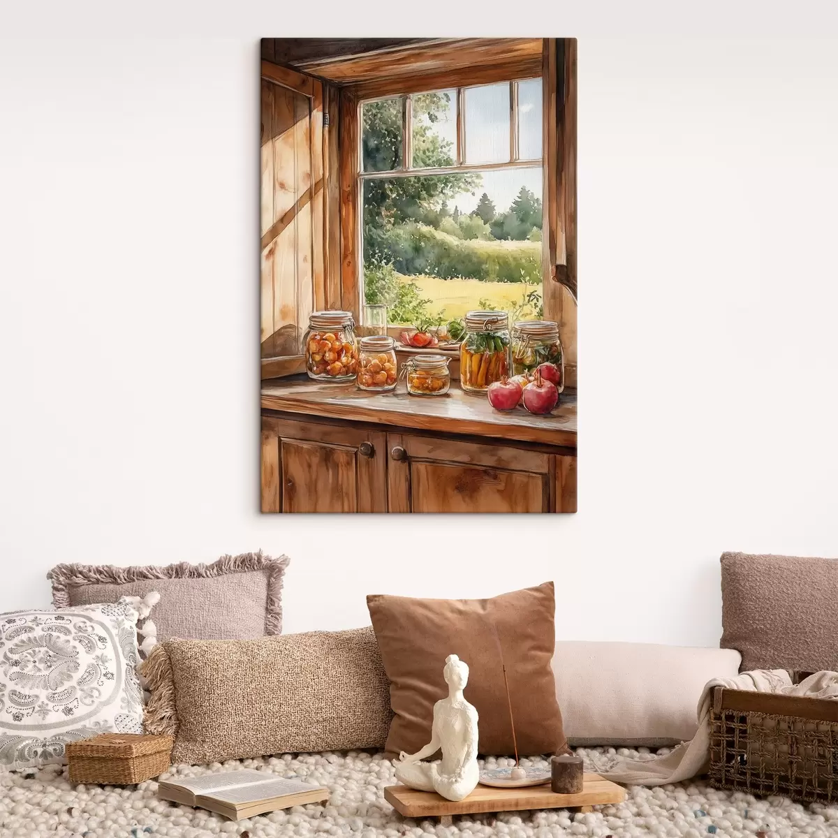 Glezna Ciemata estētika, koka māja, vasaras daba, dārzeņi, akvareļu stils s43185