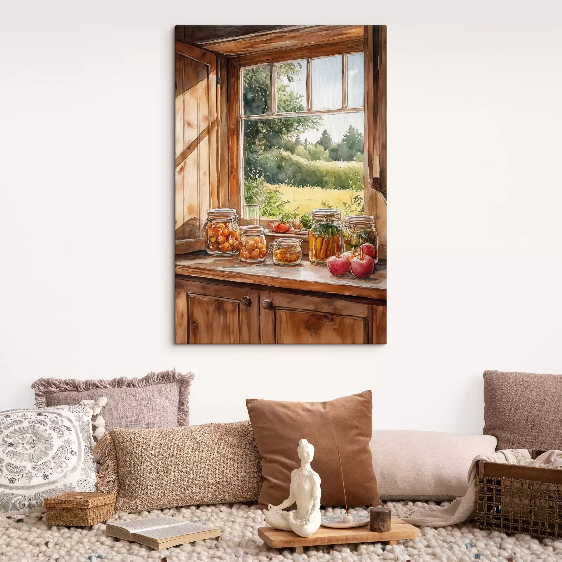 Glezna Ciemata estētika, koka māja, vasaras daba, dārzeņi, akvareļu stils s43185